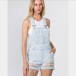 Light Blue Distressed Short Overalls Romper